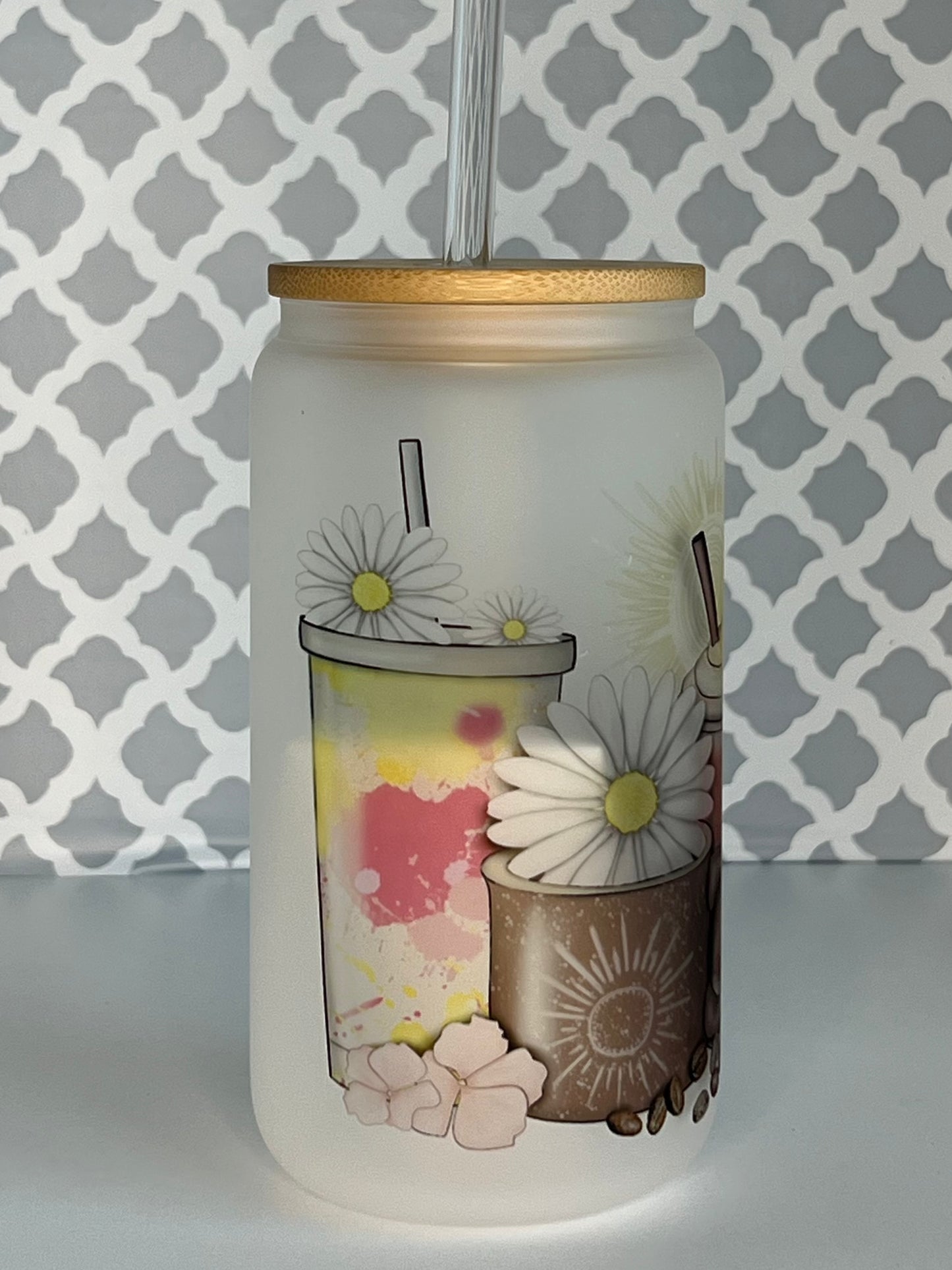 SUMMER COFFEE Frosted 18 oz Beer Can Glass w/ Bamboo Lid and Glass Straw