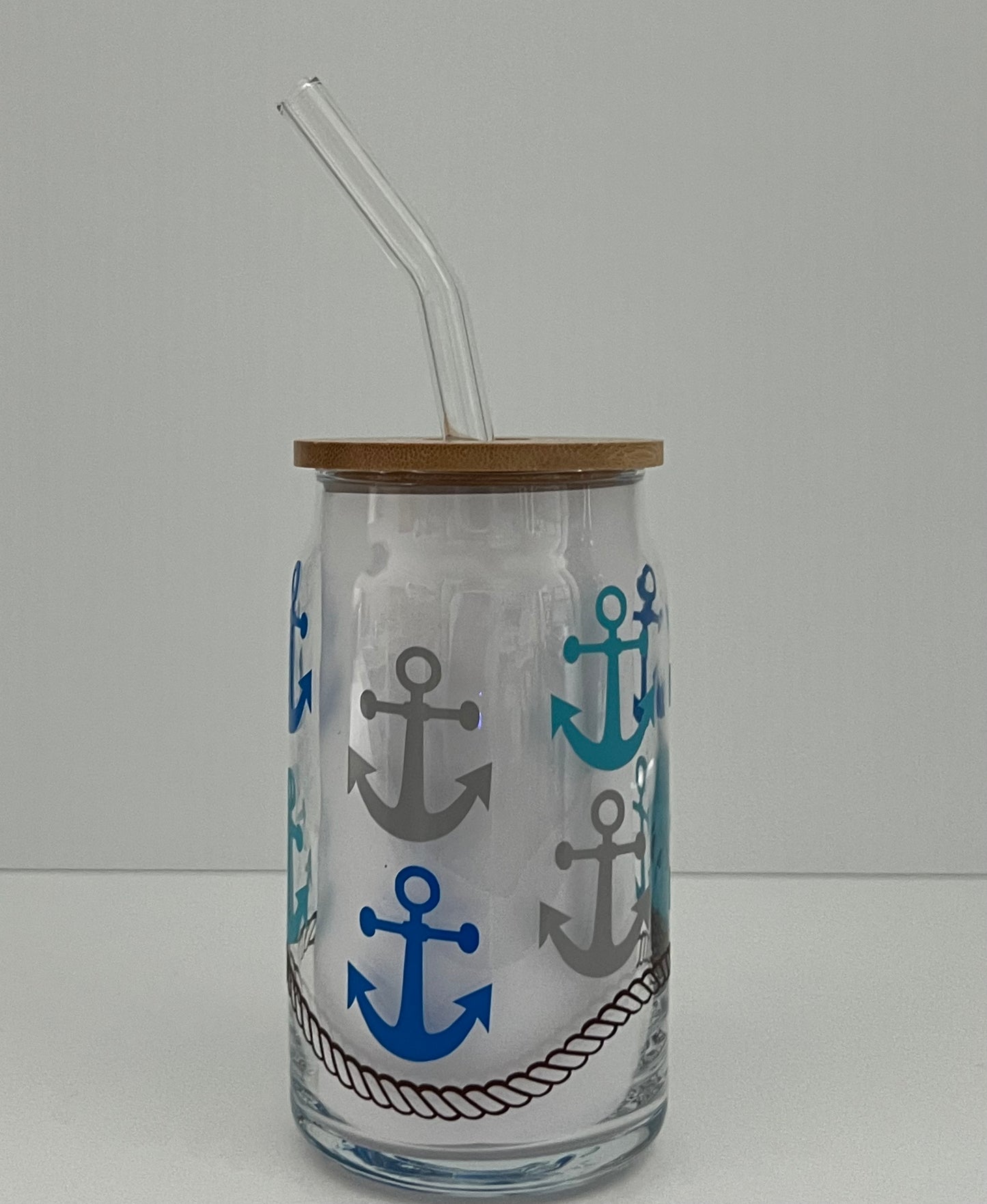 ANCHORS 16oz Beer Can Glass w/ Bamboo Lid and Glass Straw