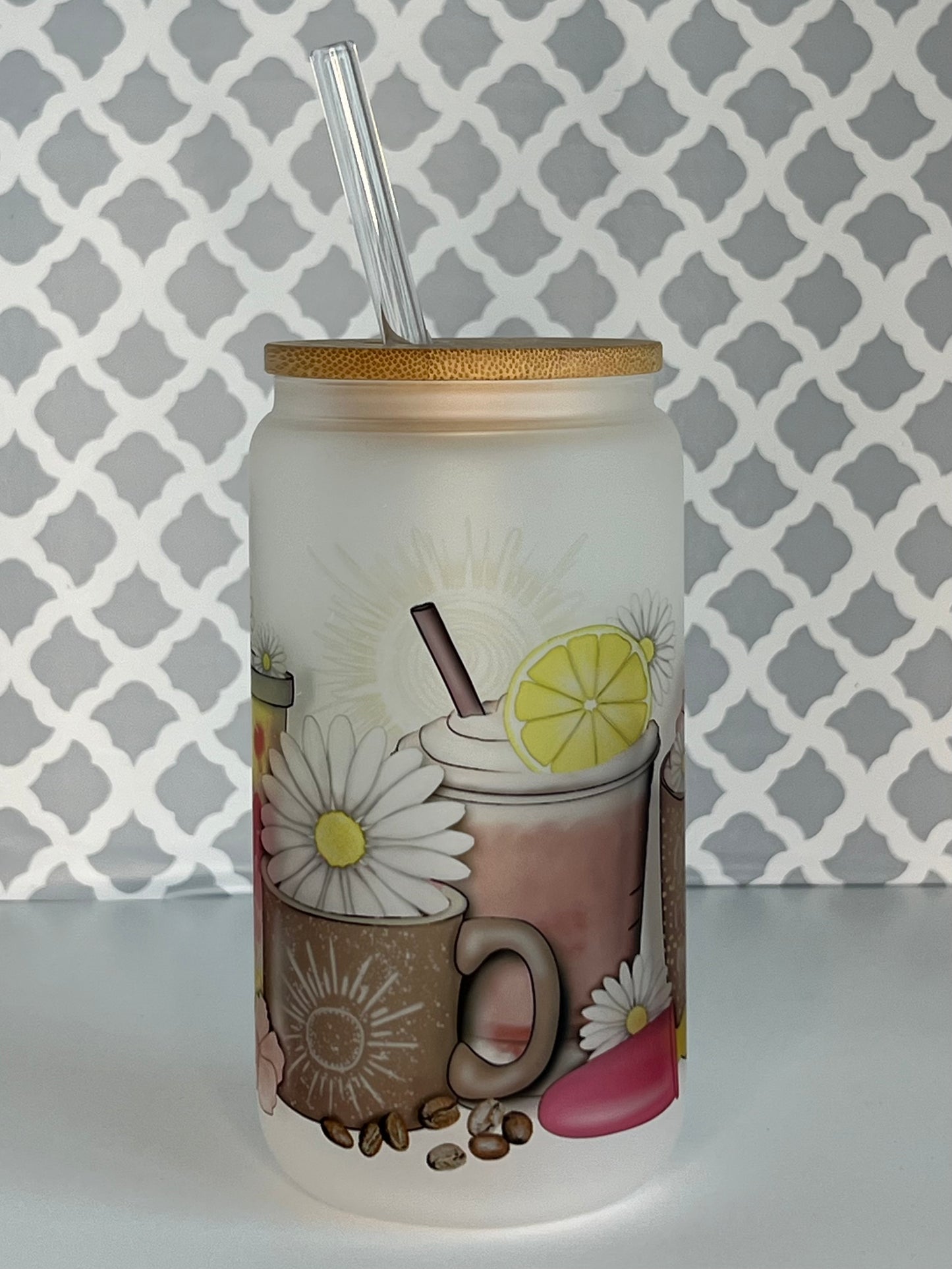 SUMMER COFFEE Frosted 18 oz Beer Can Glass w/ Bamboo Lid and Glass Straw