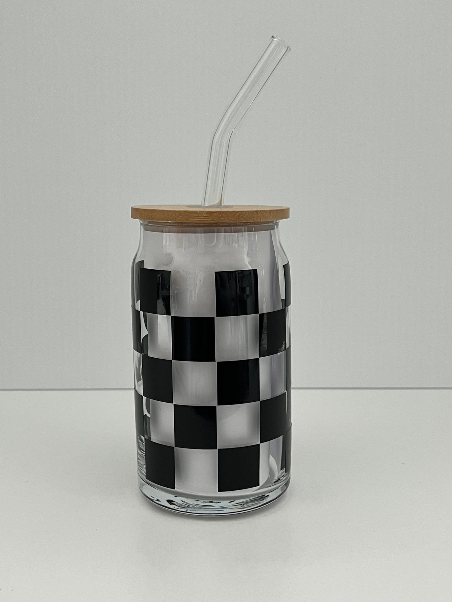 CHECKER BOARD SMILEY FACE 16oz Beer Can Glass w/ Bamboo Lid and Glass Straw