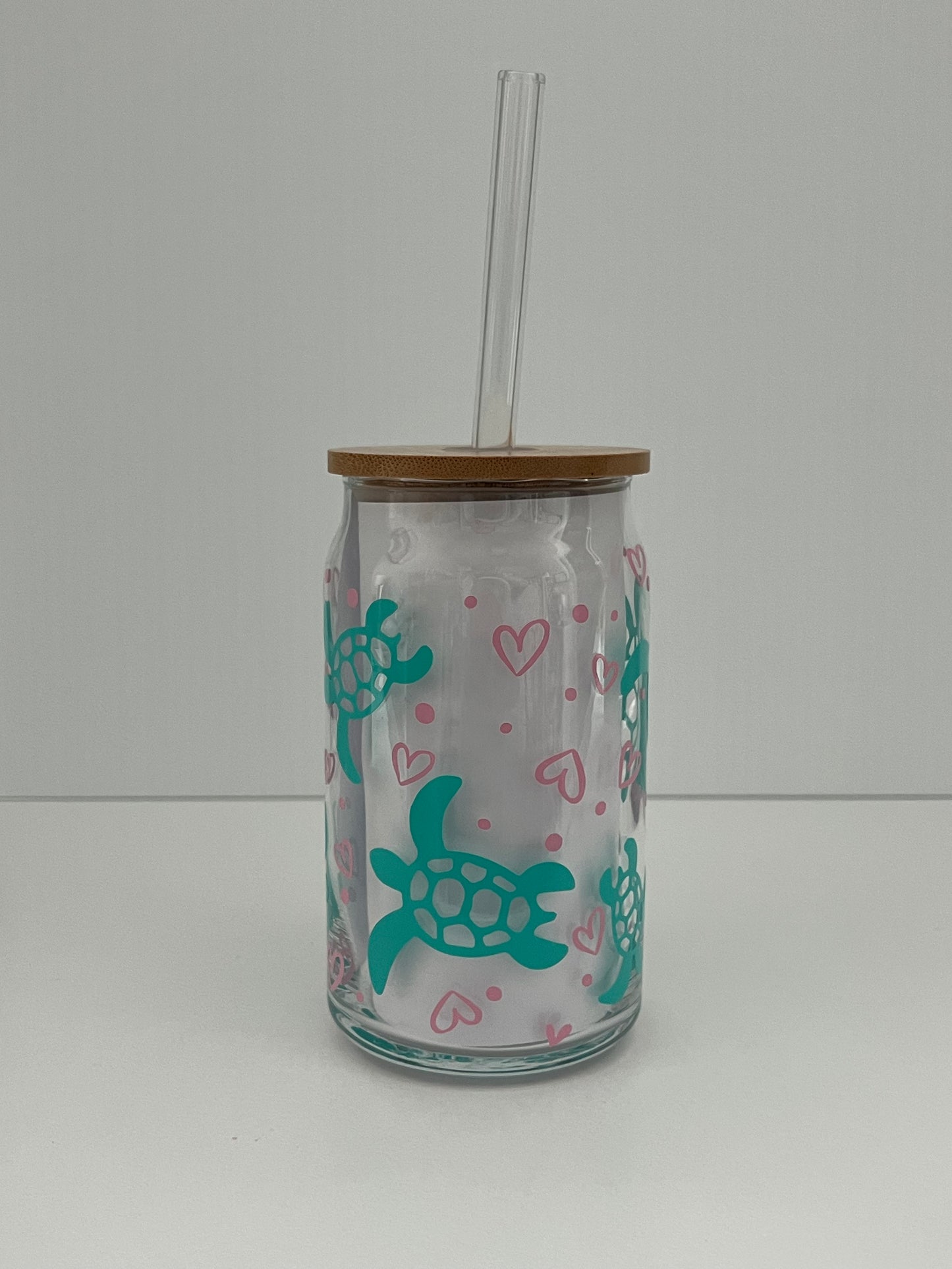 SEA TURTLES 16oz Beer Can Glass w/ Bamboo Lid and Glass Straw