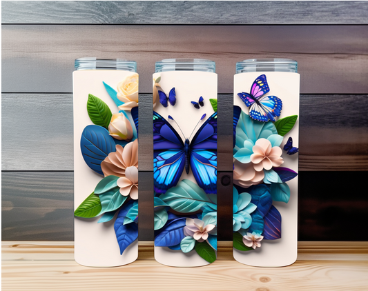 3D Blue Butterflies and Flowers 20 oz Tumbler