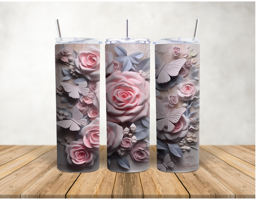 3D Pink/Grey Roses and Butterflies 20 oz Tumbler