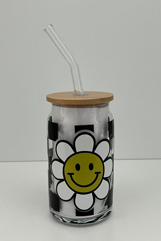 CHECKER BOARD SMILEY FACE 16oz Beer Can Glass w/ Bamboo Lid and Glass Straw