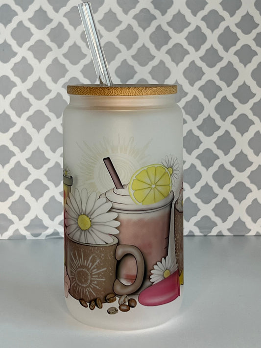 SUMMER COFFEE Frosted 18 oz Beer Can Glass w/ Bamboo Lid and Glass Straw