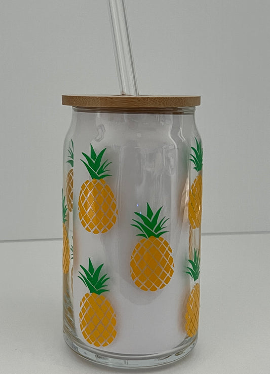 PINEAPPLES 16oz Beer Can Glass w/ Bamboo Lid and Glass Straw