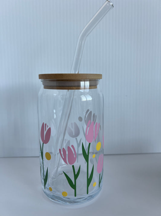 TULIPS 16oz Beer Can Glass w/ Bamboo Lid and Glass Straw