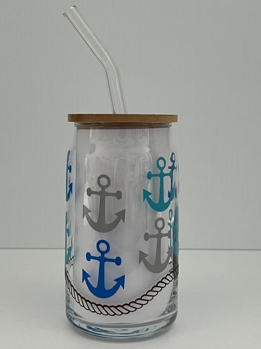 ANCHORS 16oz Beer Can Glass w/ Bamboo Lid and Glass Straw