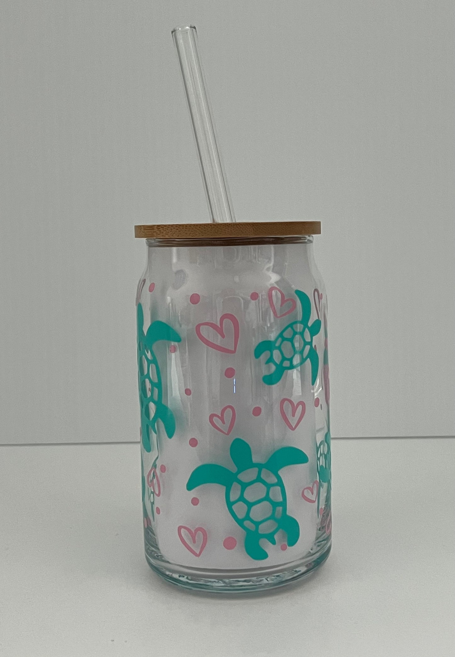SEA TURTLES 16oz Beer Can Glass w/ Bamboo Lid and Glass Straw