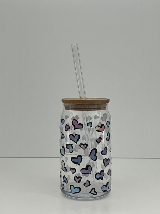 COLORFUL HEARTS 16oz Beer Can Glass w/ Bamboo Lid and Glass Straw